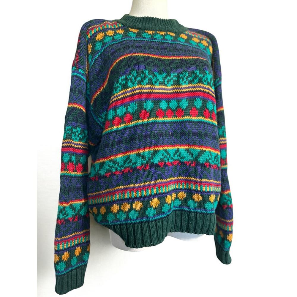 Vintage Fair Isle Knit Sweater Green Bold Colorblock Cottagecore Large 310